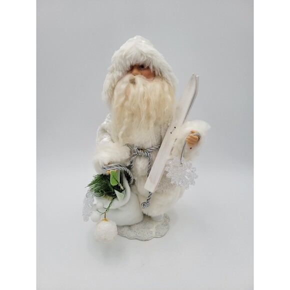 Standing Santa Claus Figure 12" Old World Style White Coat Holding Skis 12" - Picture 2 of 9